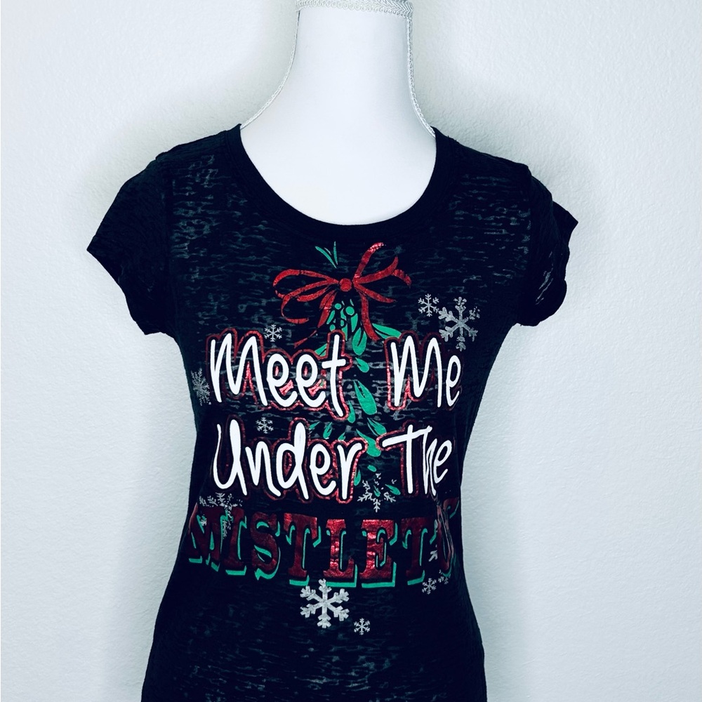 Rocker Girl Women Black Mistletoe Xmas Semi Sheer Fitted Short Sleeve Shirt